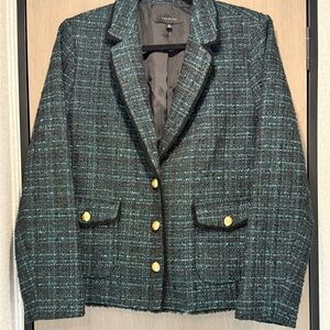 Talbots Black and Green Tweed Blazer Fringed Edges Women Size 14 Classy Loom